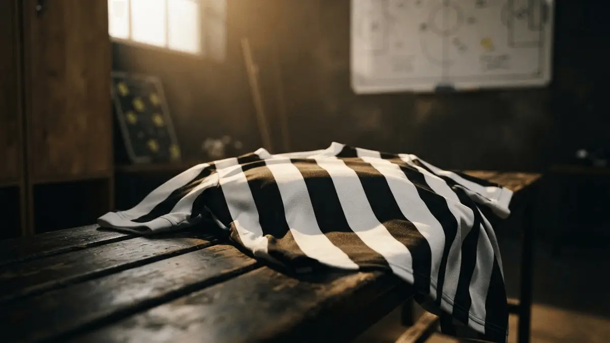 Black and white striped football jersey in moody training facility setting with dramatic lighting