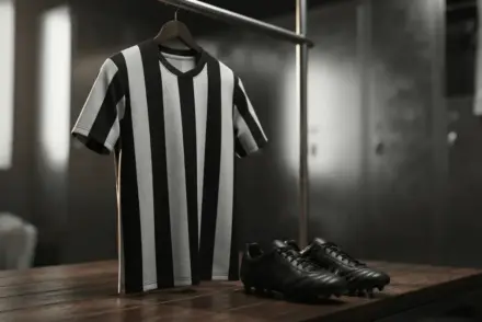 Black and white striped football jersey in locker room awaiting new striker signing