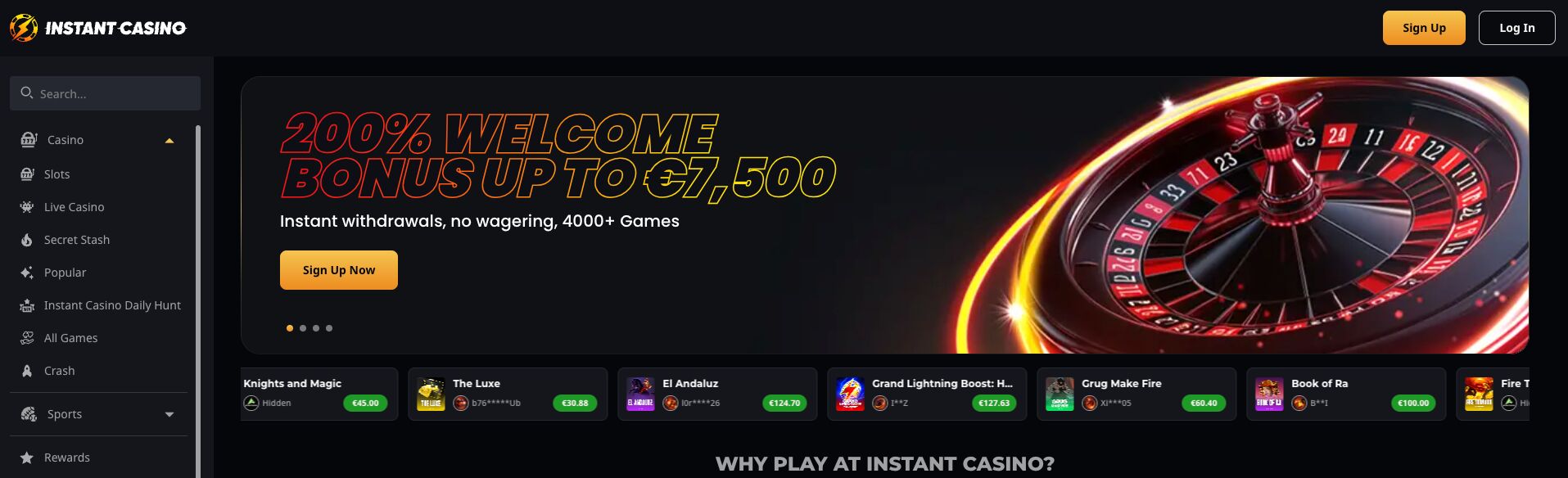 Instant Casino - لقطة شاشة من الموقع الرسمي
