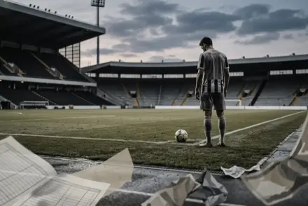 Non-identifiable footballer beside an empty stadium pitch, evoking Juventus’ costly Arthur Melo contract gamble.