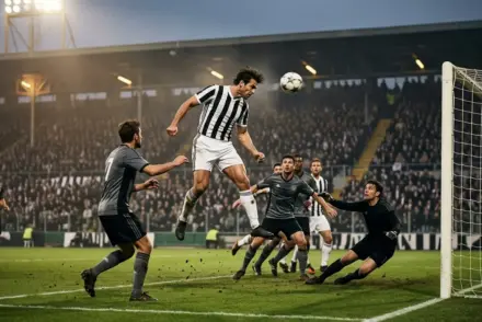 Juventus-style defender scoring a decisive headed goal in a tense floodlit football match