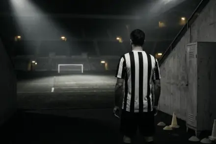 Footballer in a black-and-white kit faces an empty stadium, symbolising Juventus’ search for a new striker.