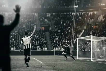 Juventus-inspired player celebrates a rebound goal with a wand-twirl tribute under stadium lights