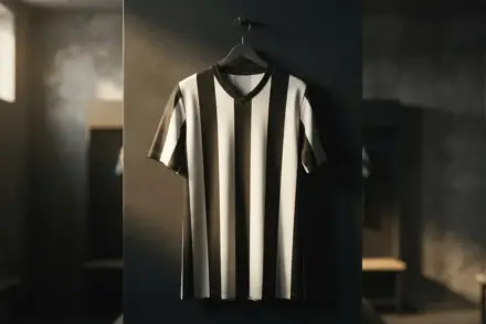 Black and white striped football jersey in stadium locker room with dramatic lighting