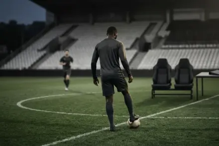 Franck Kessie-inspired midfielder in a restrained stadium scene representing Juventus transfer negotiations
