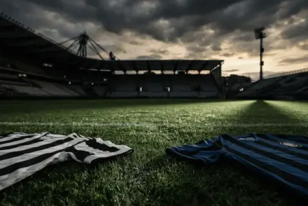 Football stadium scene with contrasting club jerseys representing Juventus and Inter Milan transfer speculation