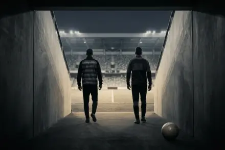 Juventus transfer pursuit symbolized by footballer silhouettes in a stadium tunnel