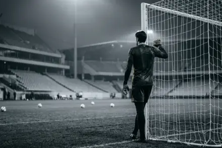 Goalkeeper standing in a football goalmouth during a transfer move