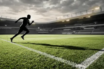 Left-winger training on professional football pitch with stadium in background