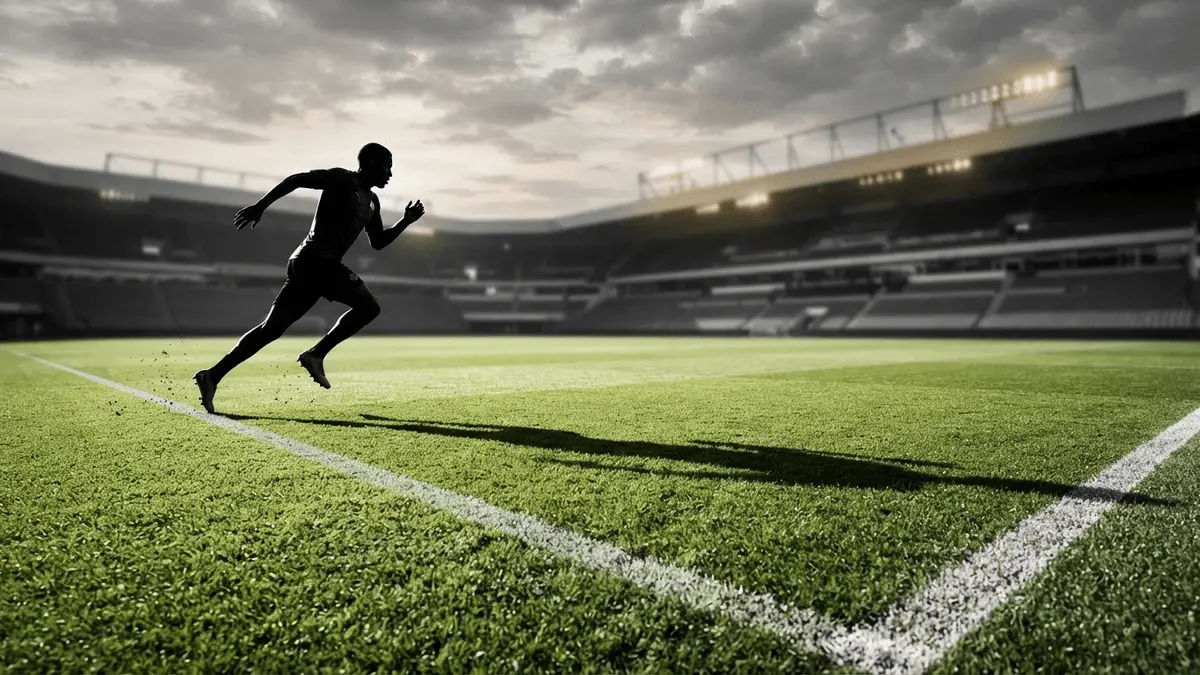 Left-winger training on professional football pitch with stadium in background