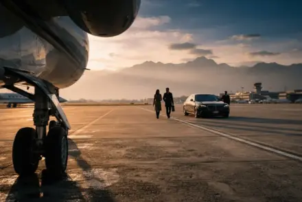 Private jet arrival at Turin airport with silhouettes walking toward luxury car at golden hour