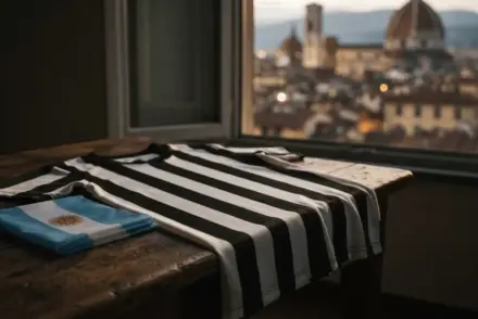 Black and white striped football jersey with Argentine flag and Italian cityscape background