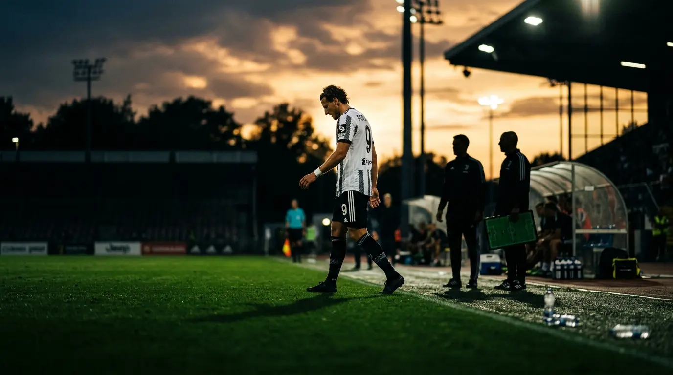 Football striker in black and white being substituted during pre-season match under stadium lights