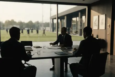 Modern football boardroom with silhouetted executives reviewing documents and tactical plans in natural light