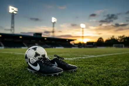 Football boots on training pitch at dusk symbolizing player fitness and readiness for match day