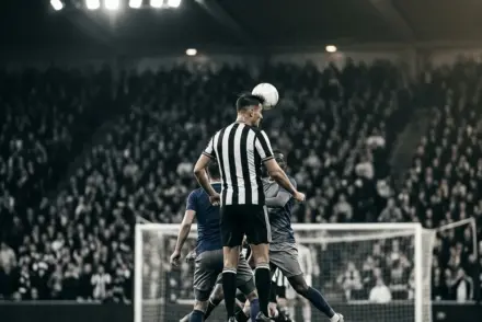 Juventus-style defender rises to score a decisive headed goal in a black-and-white editorial football scene