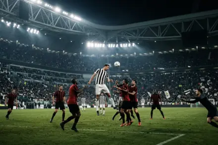 Anonymous Juventus-inspired player scoring a late header against Milan in a tense Serie A draw