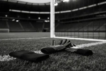 Goalkeeper gloves and knee support beside an empty football goal after an ACL injury