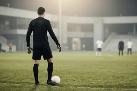 Juventus-inspired goalkeeper standing in the penalty area after a composed clean-sheet debut