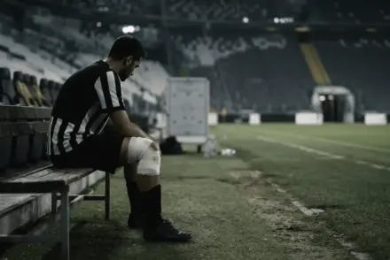Anonymous injured footballer on a stadium bench representing Juventus' uncertain season after a late collapse