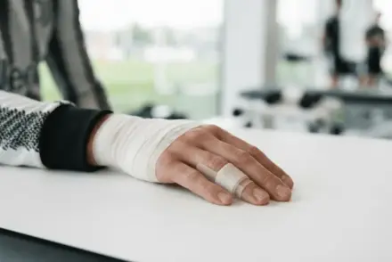 Footballer's bandaged hand in a supportive splint after a minor injury, symbolising a quick return to training