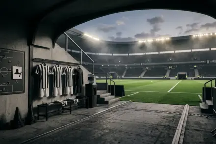 Empty stadium tunnel and football kits symbolizing Juventus squad absences for the Europa League