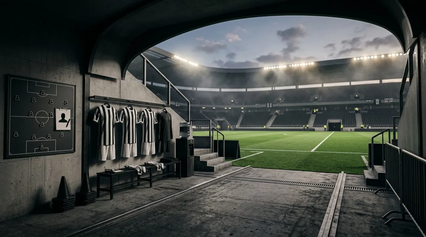 Empty stadium tunnel and football kits symbolizing Juventus squad absences for the Europa League