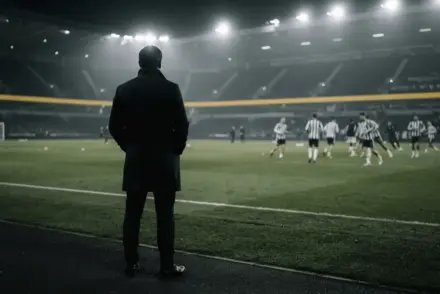 Coach silhouette overlooking a black-and-white football team during a tense Juventus rebuild