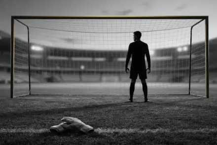 Non-identifiable goalkeeper silhouette in an empty goal, symbolizing Juventus seeking cover after a serious injury.